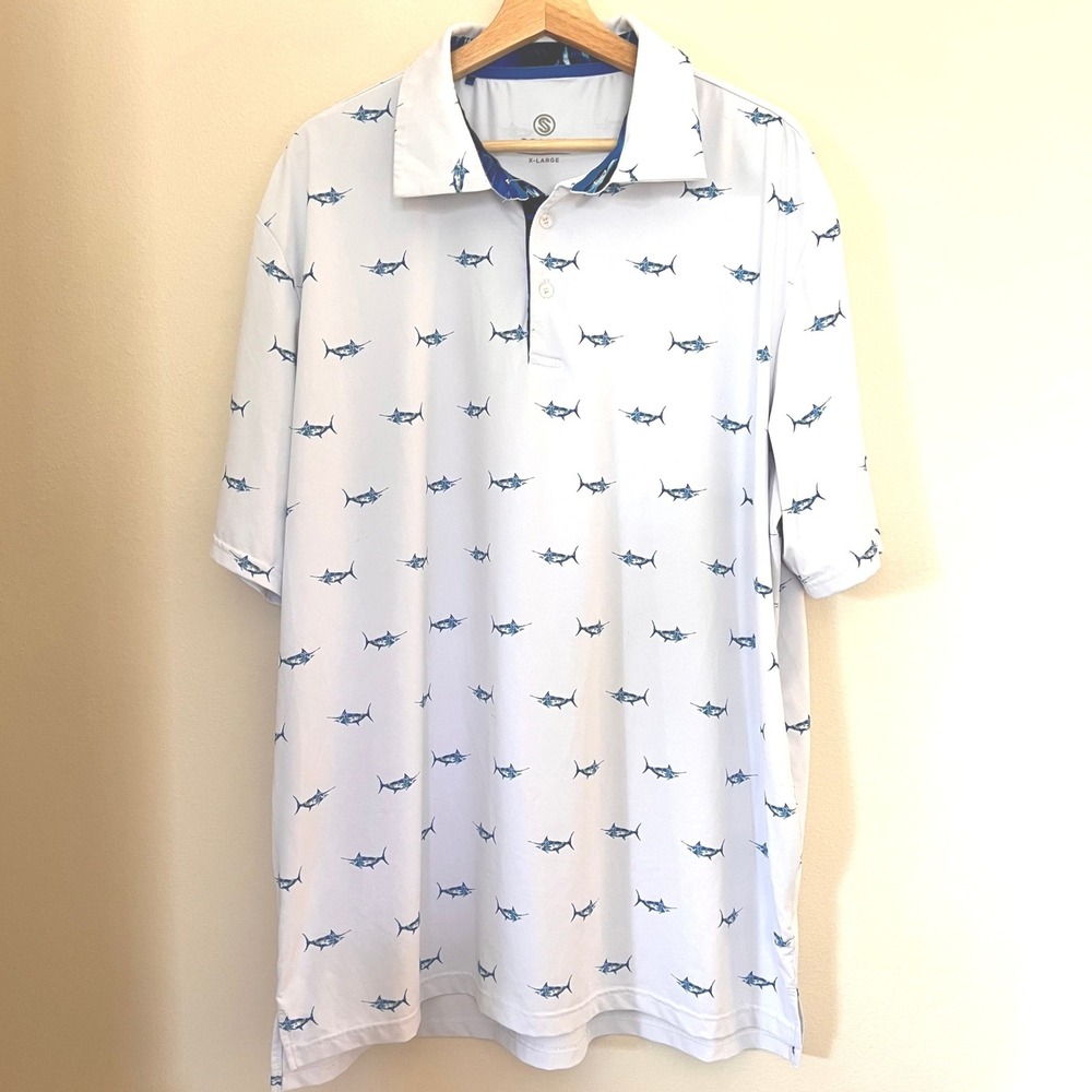Scales Gear Mens XL White Blue Marlin Golf Polo Shirt Vineyards‎ Naples Logo